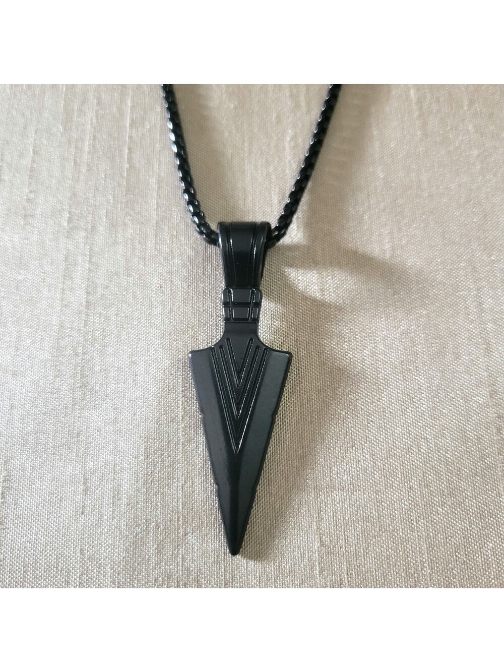 Men's Black arrow head point rounded box pearl chain pendant necklace